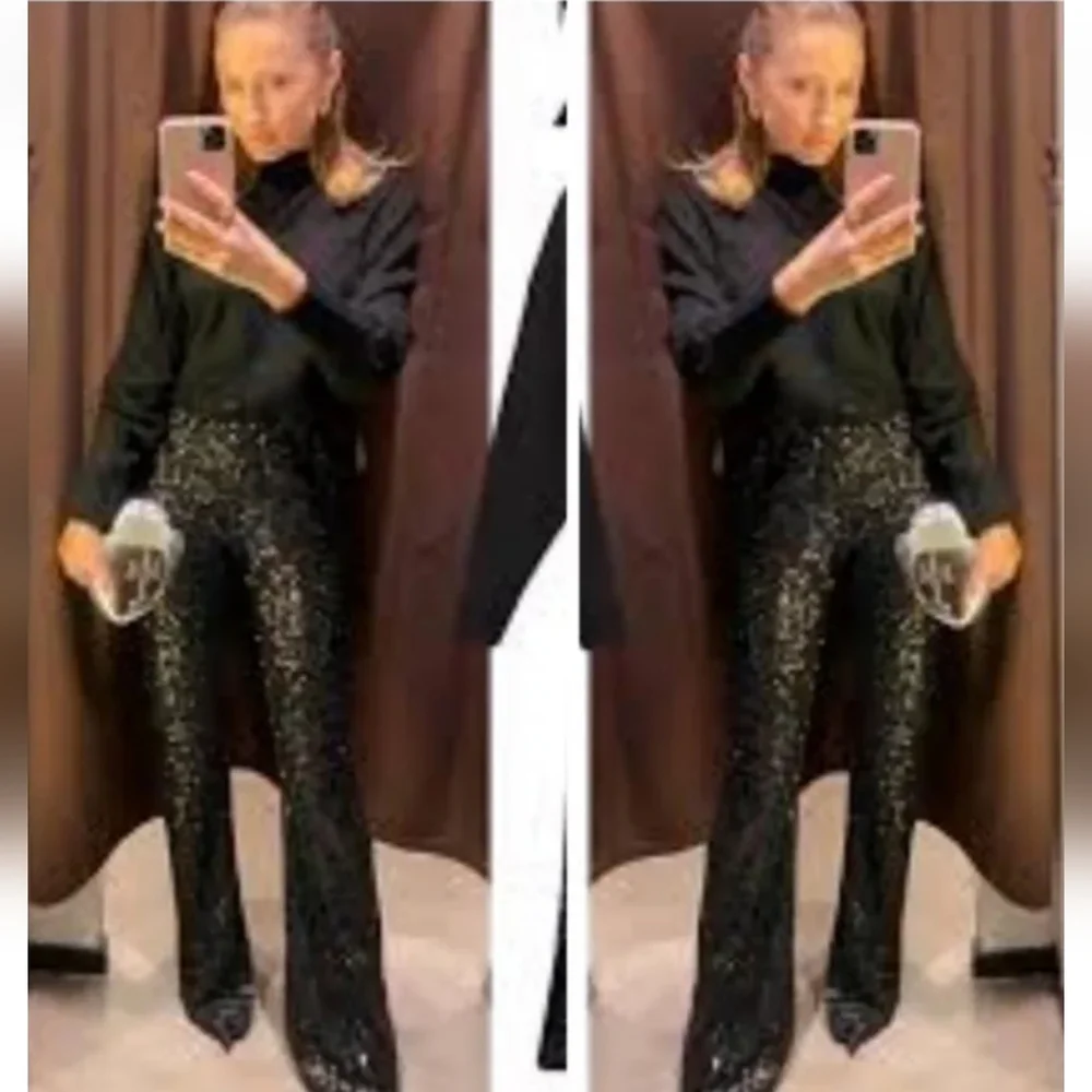 Zara Flared Sequin Pants Size Black